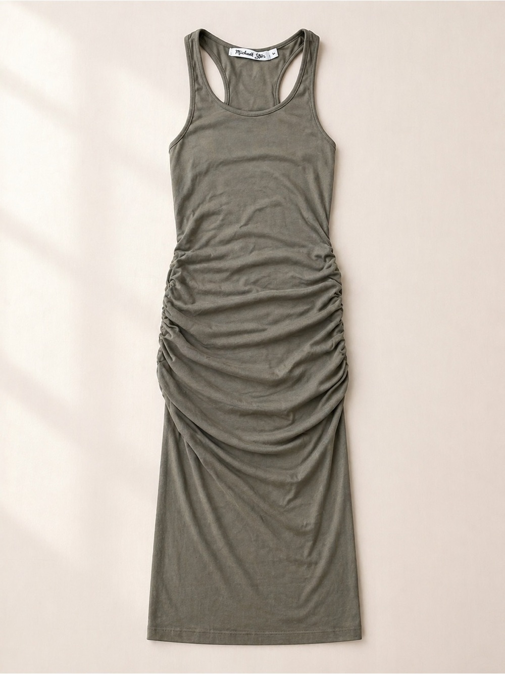 Michael Stars Vivian Olive Racerback Racer Midi Dress Shirred Sides Large